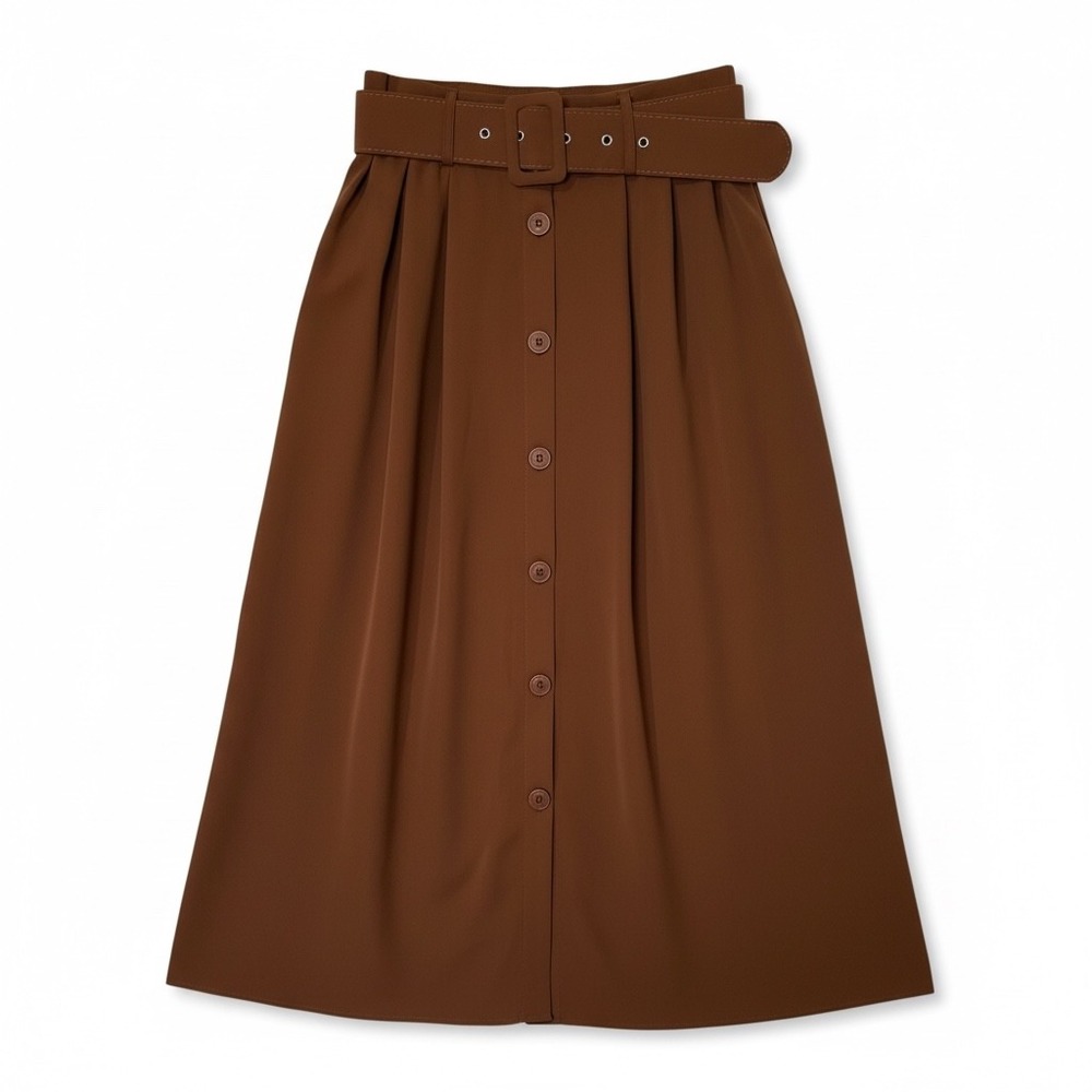 SHEIN Brown Belted Pleated Button Front‎ Midi Skirt Women Size S